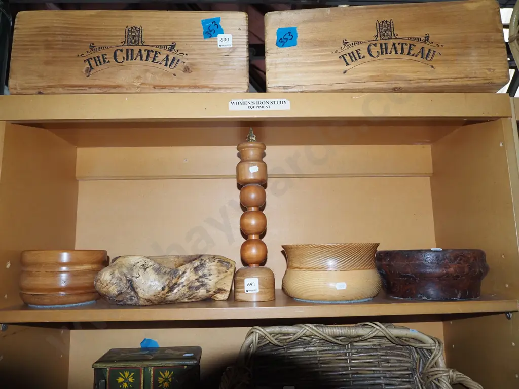 shelf of turned wooden bowls, candlestick etc H340 Image 1++