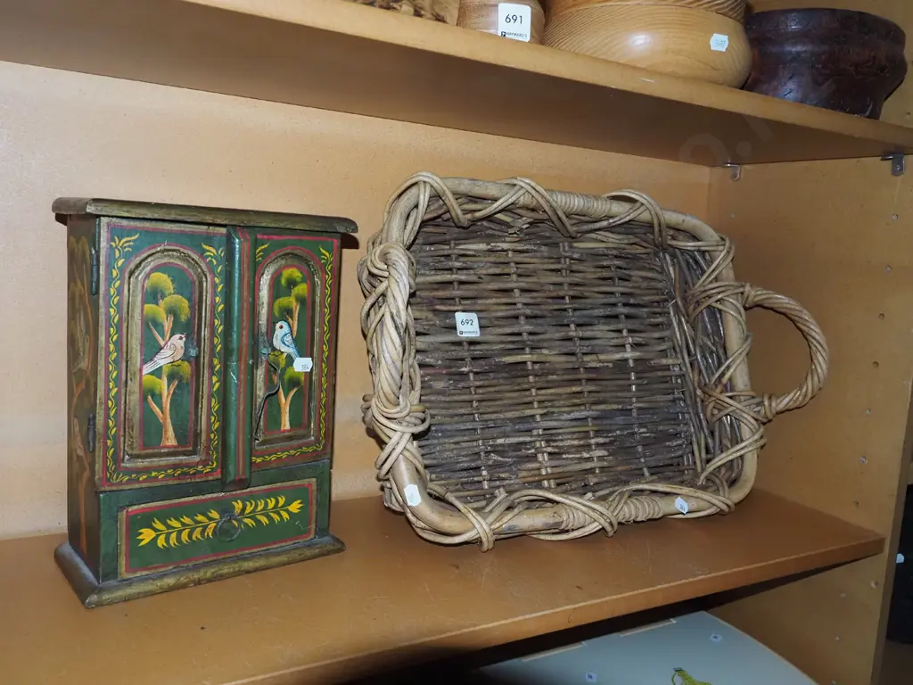 small hand painted jewellery chest, cane tray H280 Image 1++