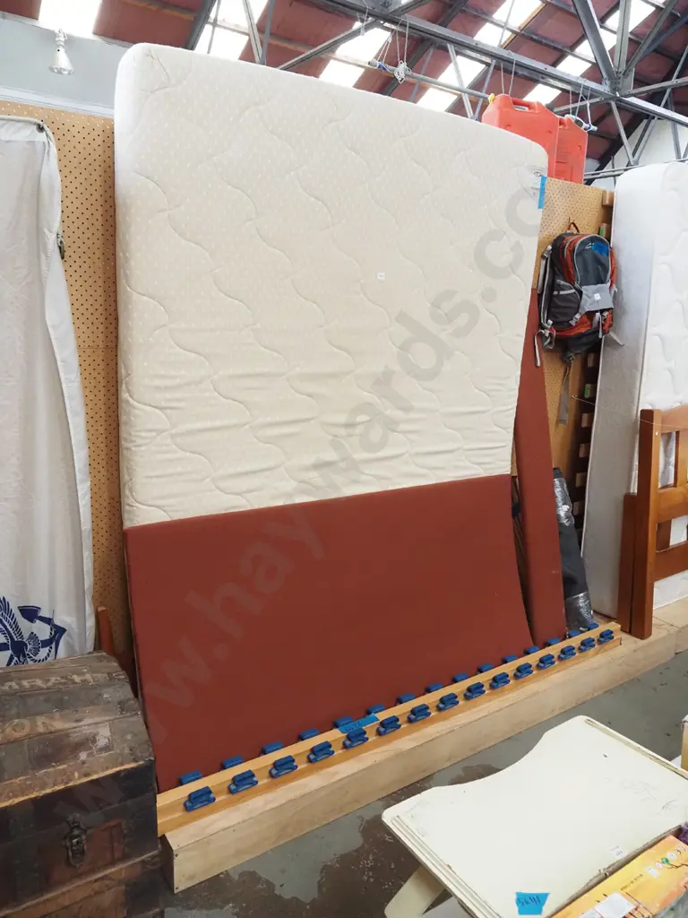 queen slat bed base, mattress, upholstered headboard Image 1++