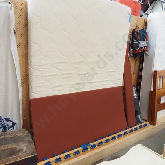 queen slat bed base, mattress, upholstered headboard