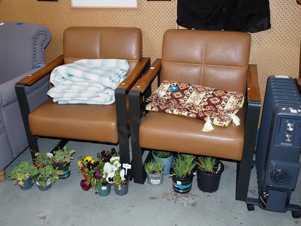 pair of brown vinyl metal and wood reception chairs Image 1++