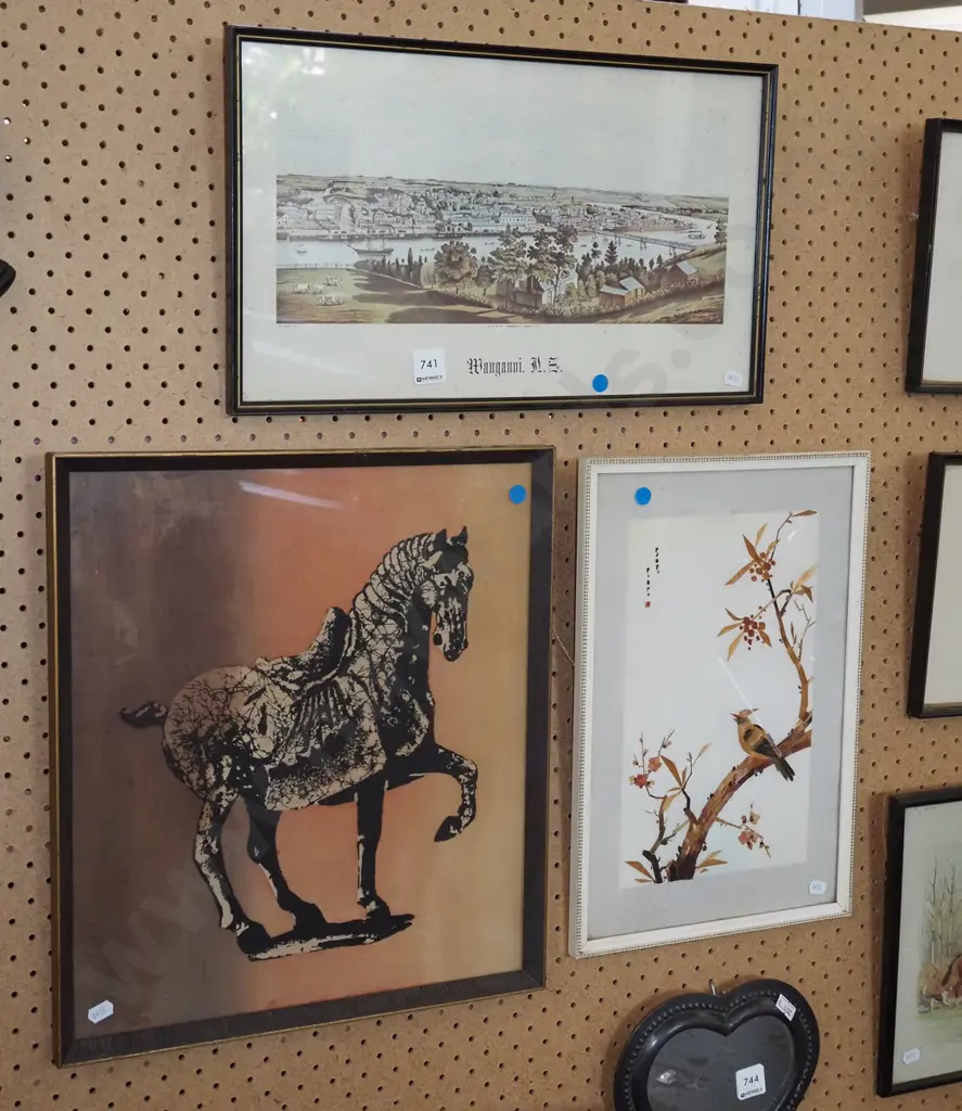 framed Wanganui print, screenprint horse, bamboo picture - blue dots Image 1++
