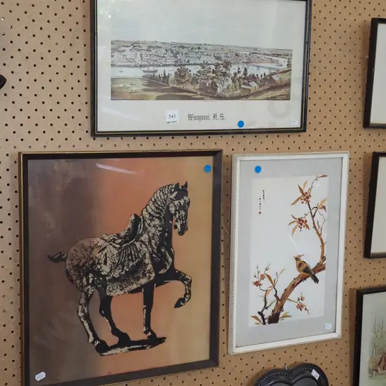framed Wanganui print, screenprint horse, bamboo picture - blue dots