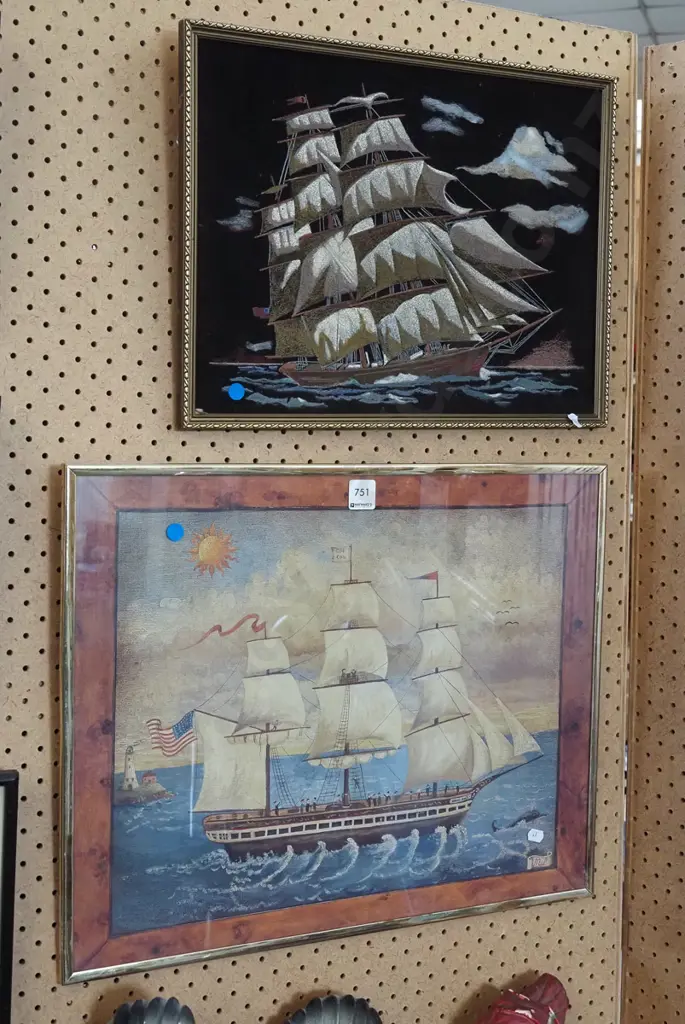 2x framed artworks - sailing ships - blue dots Image 1++