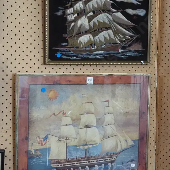 2x framed artworks - sailing ships - blue dots