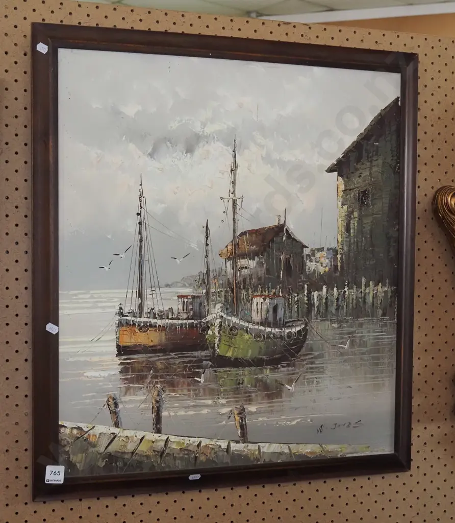 framed oil on board - fishing boats Image 1++