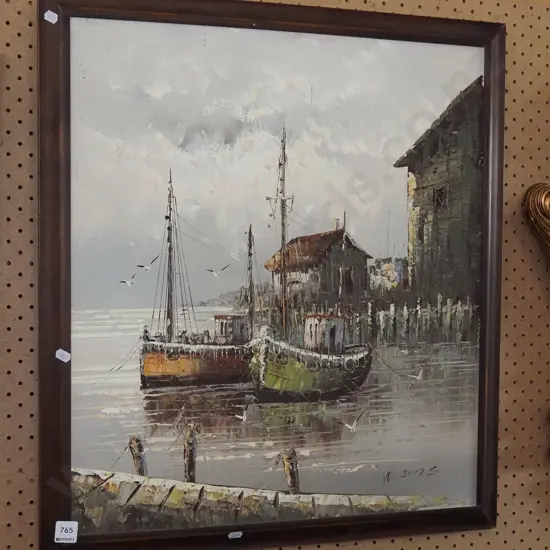 framed oil on board - fishing boats