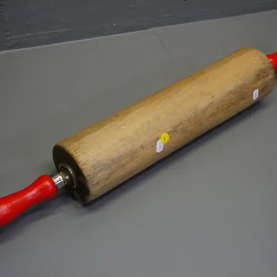 vintage large wooden rolling pin with red-painted handles L-620