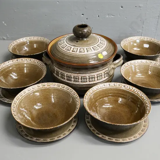 pottery casserole and 6 bowls with saucers - marked SM
