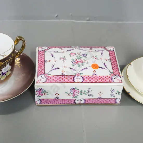 vintage moustache cup & saucer, porcelain lidded jewellery box, Paragon trio with latin monogram