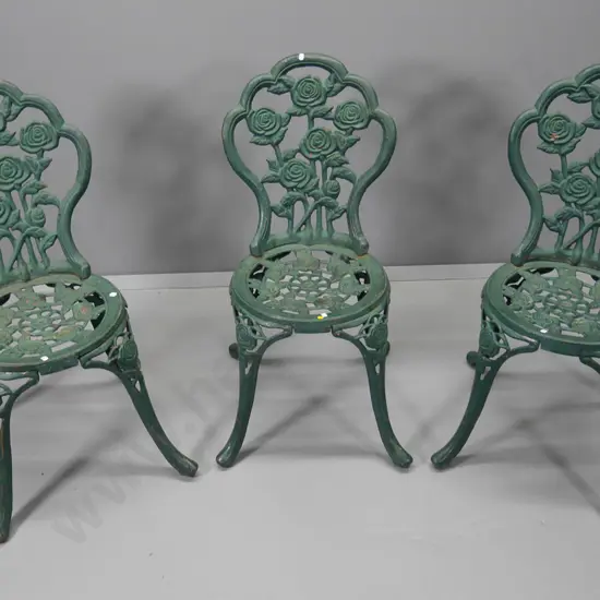 set of 3 heavy Victorian style green painted cast iron outdoor dining chairs H-880 W-400