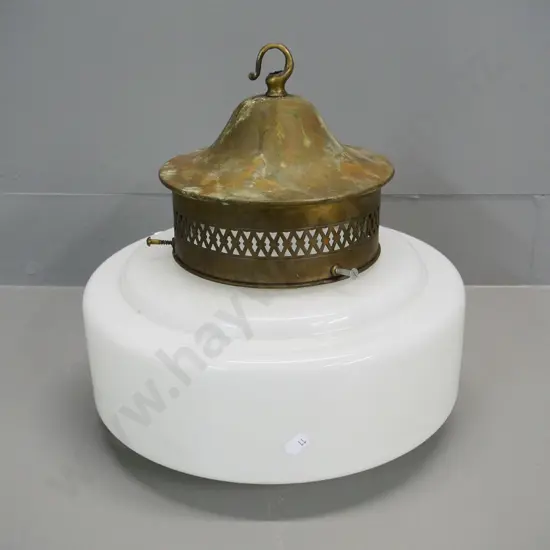deco ceiling light fitting with pierced brass journal (w/ verdigris) and milk glass shade H-300 Diameter 300