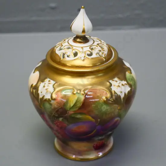 hand-painted Royal Worcester lidded potpourri jar, signed P.D. Love H-135