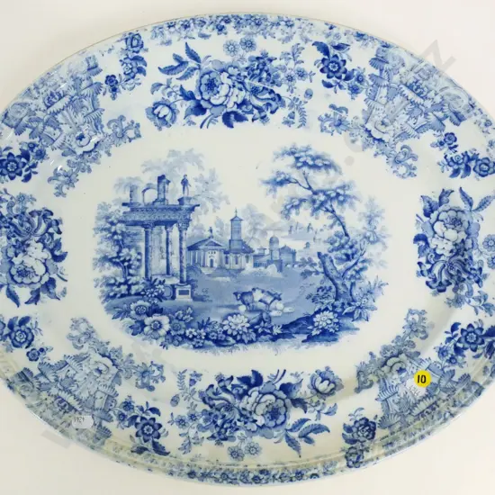 vintage blue & white large oval platter, under-glaze fault to pattern H-405 W-505