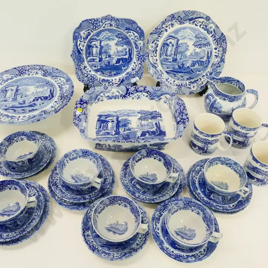 assorted blue and white Spode Italian dinner and teaware - 5 trios, 2 cups & saucers, cake stand, baking dish, etc
