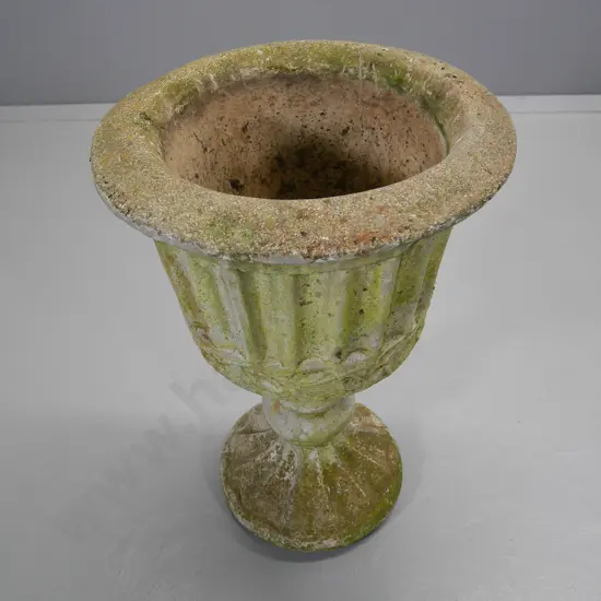 cast concrete classical design pedestal base garden urn - small crack to top rim H-630 Diameter 470