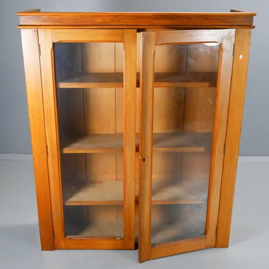 vintage rimu display cabinet - 2 doors, 2 glazed doors with 3 adjustable shelves H-1270 W-1060 D-290