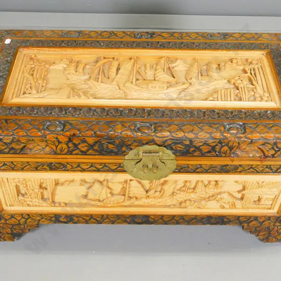 Chinese carved camphor wood chest H-360 W-700 D-340