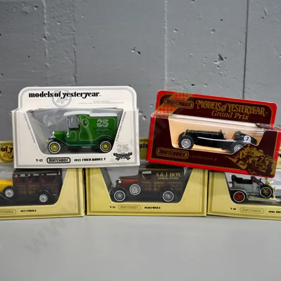 5 boxed Matchbox Models of Yesteryear die-cast vehicles - delivery vans, racing car, Rolls Royce