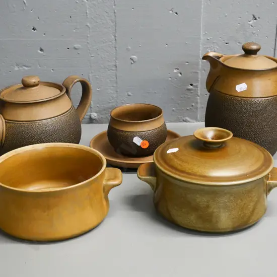 3 pieces Denby textured brown ware - teapot, coffee pot, sugar bowl & saucer - and 2 Temuka dishes, one missing lid