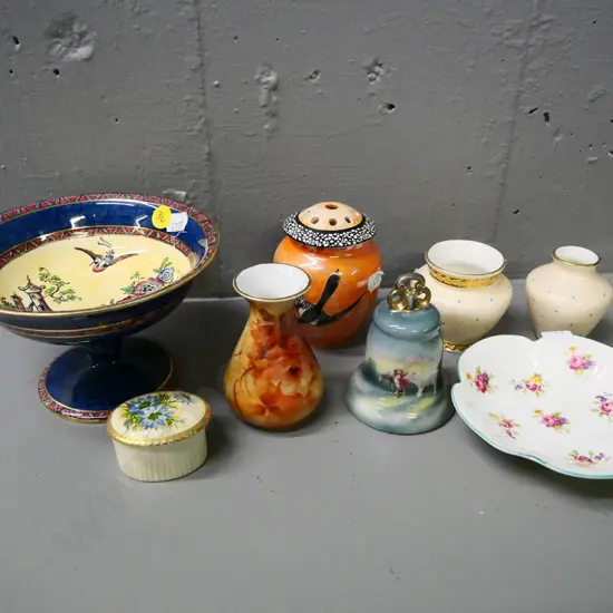 assorted fine china items - Royal Bayreuth bell, Royal Winton comport, Shelley dish, small trinket, vases etc.