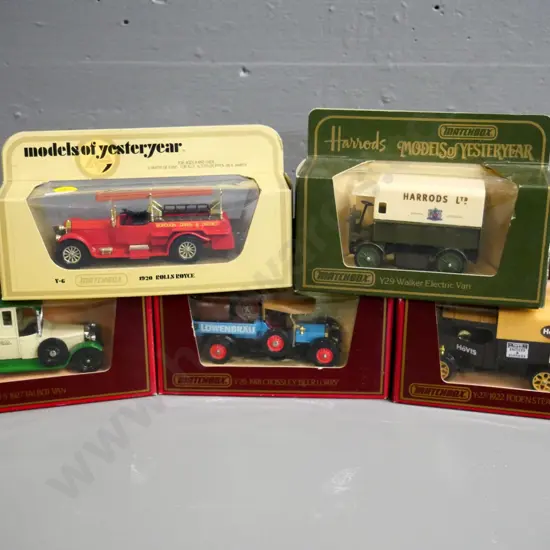 5 boxed Matchbox Models of Yesteryear die-cast vehicles - delivery vans and a fire engine