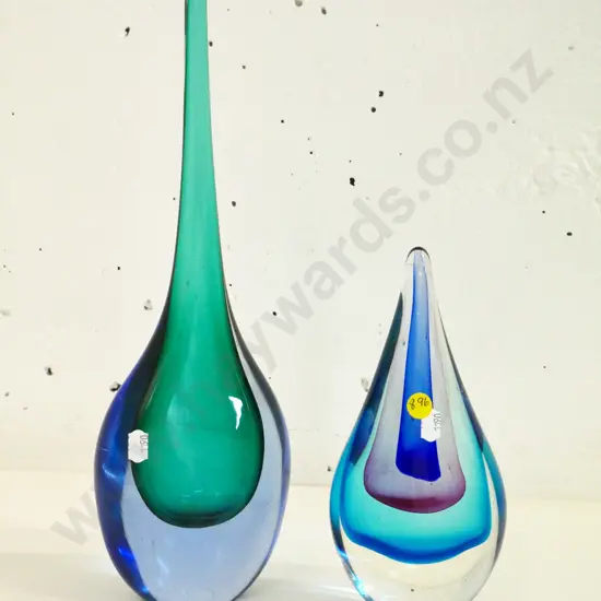2 multi-colour art glass teardrop shaped items - vase H-360 and ornament