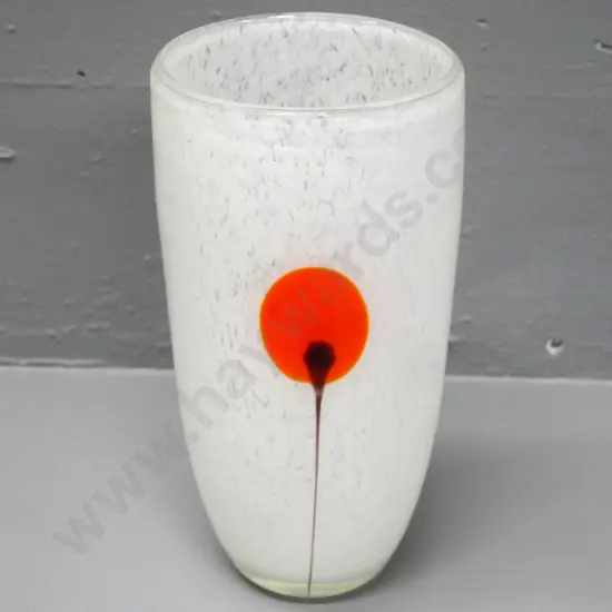 art glass vase - mottled white with orange-red design H-240