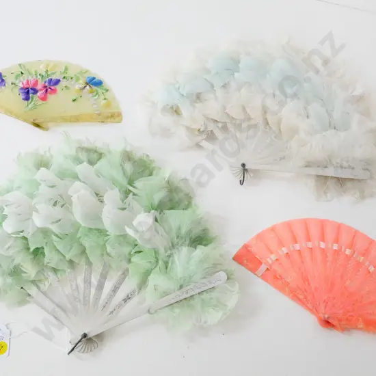 4 vintage celluloid or plastic opera fans - 2 feathered, one hand painted