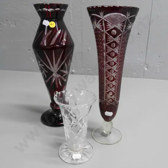 2 ruby cut to clear glass vases and a crystal vase, tallest vase H-300