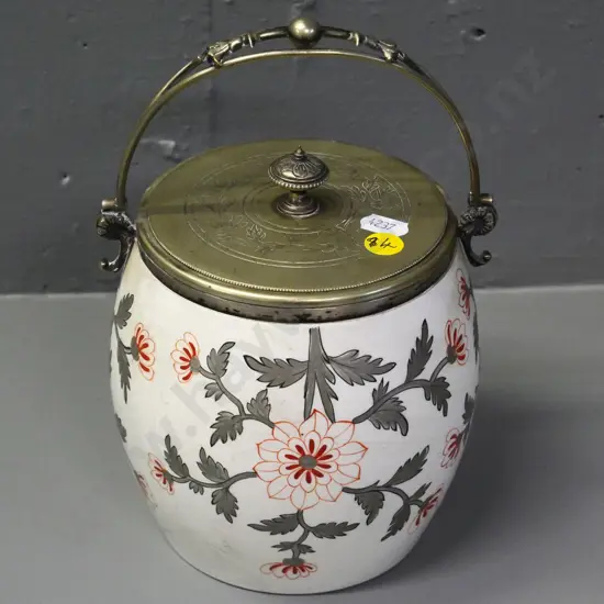 floral china biscuit barrel with plated handle and lid - some crazing, wear to plating H-160