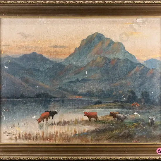 Thompson 1919 - framed oil - cattle grazing by lake - damage  H-260 W-350