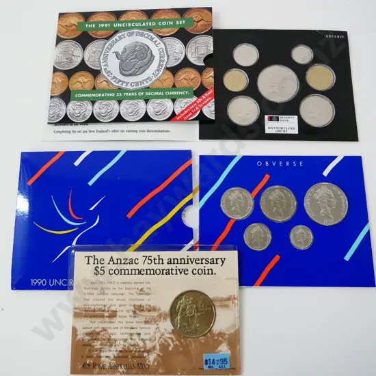 New Zealand 1990 5-coin set, 1991 8-coin set and Australian Anzac 75th Anniversary $5 coin