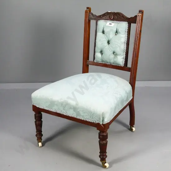 Edwardian nursing chair with damask upholstered seat and back, on porcelain casters H-730 W-480 D-440