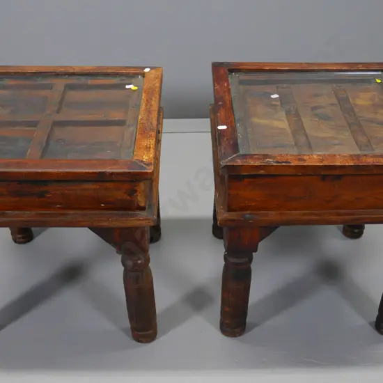 two teak side tables with glass lift-out tops, heavy turned legs, aged finish H-500 W-470 D-470