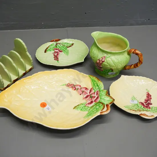 5 pieces Carlton Ware foxglove pattern china - toast rack, jug, 3 dishes, largest is L-240 W-165
