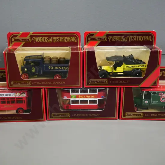 5 boxed Matchbox Models of Yesteryear die-cast vehicles - 3 delivery vans, 2 double-decker buses