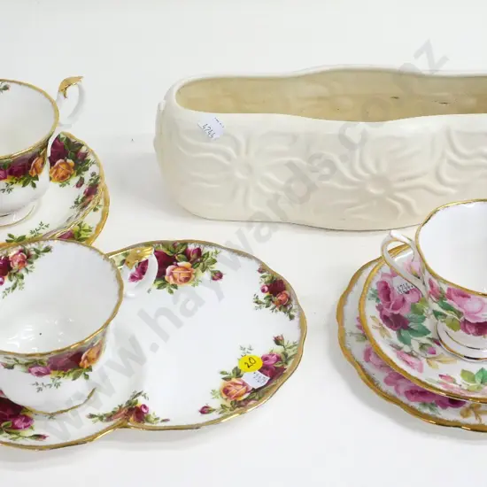 Crown Lynn trough vase No. 107 and Royal Albert china - Old Country Roses trio and tennis set and Princess Ann trio
