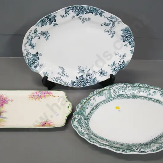 2 vintage English ashetts - Wedgwood L-370 W-270 and one unmarked, and Meakin sandwich tray