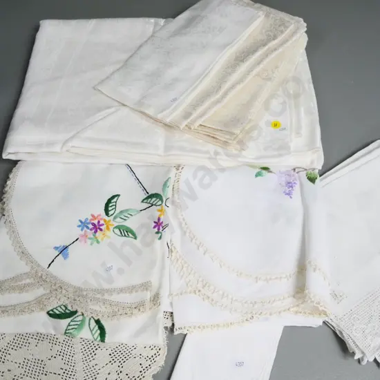 vintage table linen including damask table cloth & napkins, 2 hand embroidered supper cloths, etc.