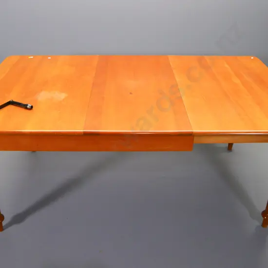 colonial style solid kauri extending dining table with 1 leaf, has crank handle H-780 W-1050 L-1330 closed, leaf L-500