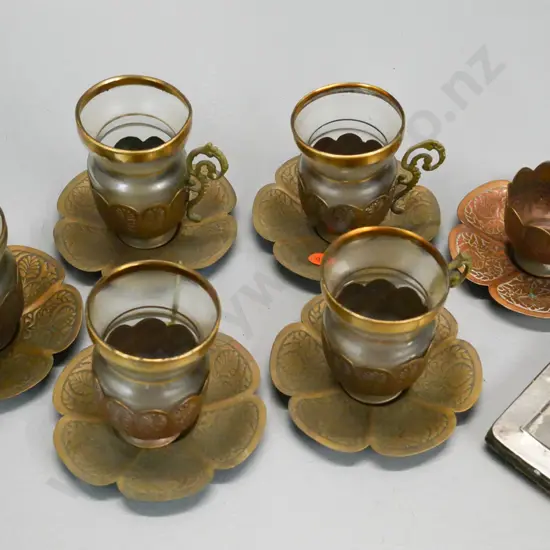 set of 6 copper relief pattern coffee cups & saucers, one missing glass, and a sterling silver small photo frame