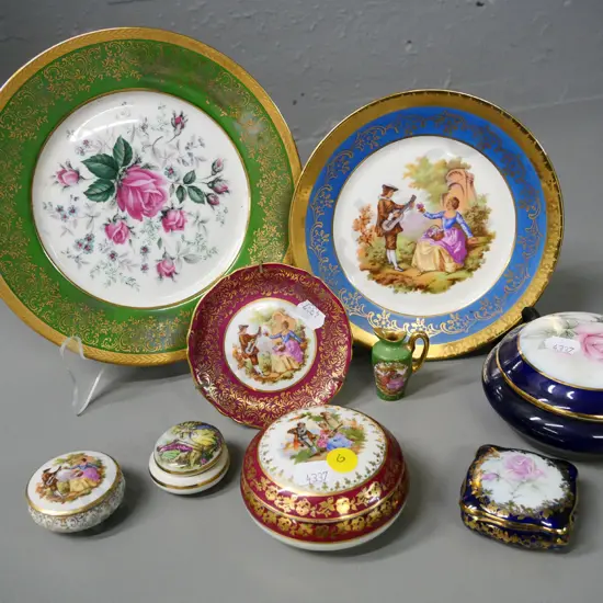 assorted Limoges china - 3 plates, 5 covered bowls, and a small jug. Largest plate is D-200