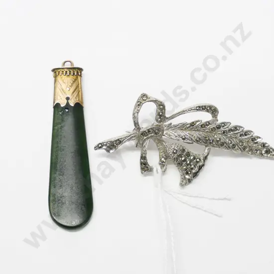 green stone pendant [no chain] & marcasite brooch