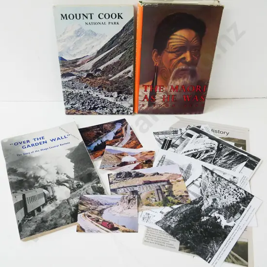 3 books - The Maori As He Was, Mount Cook National Park, & Over the Garden Wall w/ assorted railway photos and clippings