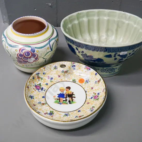 Limoges child's warming dish, English pottery vase, and a Chinese jelly mould H-130 W-210