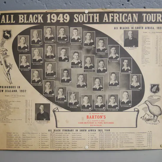 mounted poster of All Black 1949 South African Tour - sponsored by Barton Butchers (slight foxing)