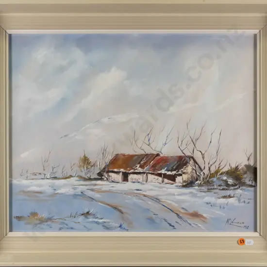 McKenzie 1962 - framed oil - "Sunlight On An Old Building" Central Otago H-390 W-490