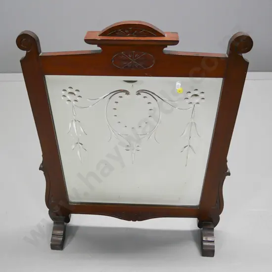 vintage carved timber fire guard with bevelled & mirrored cut glass panel H-780 W-560