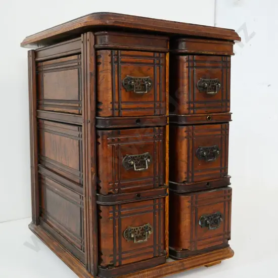 small dark-stained cabinet made from 6 sewing machine drawers - top sitting loose H-450 W-300 D-400
